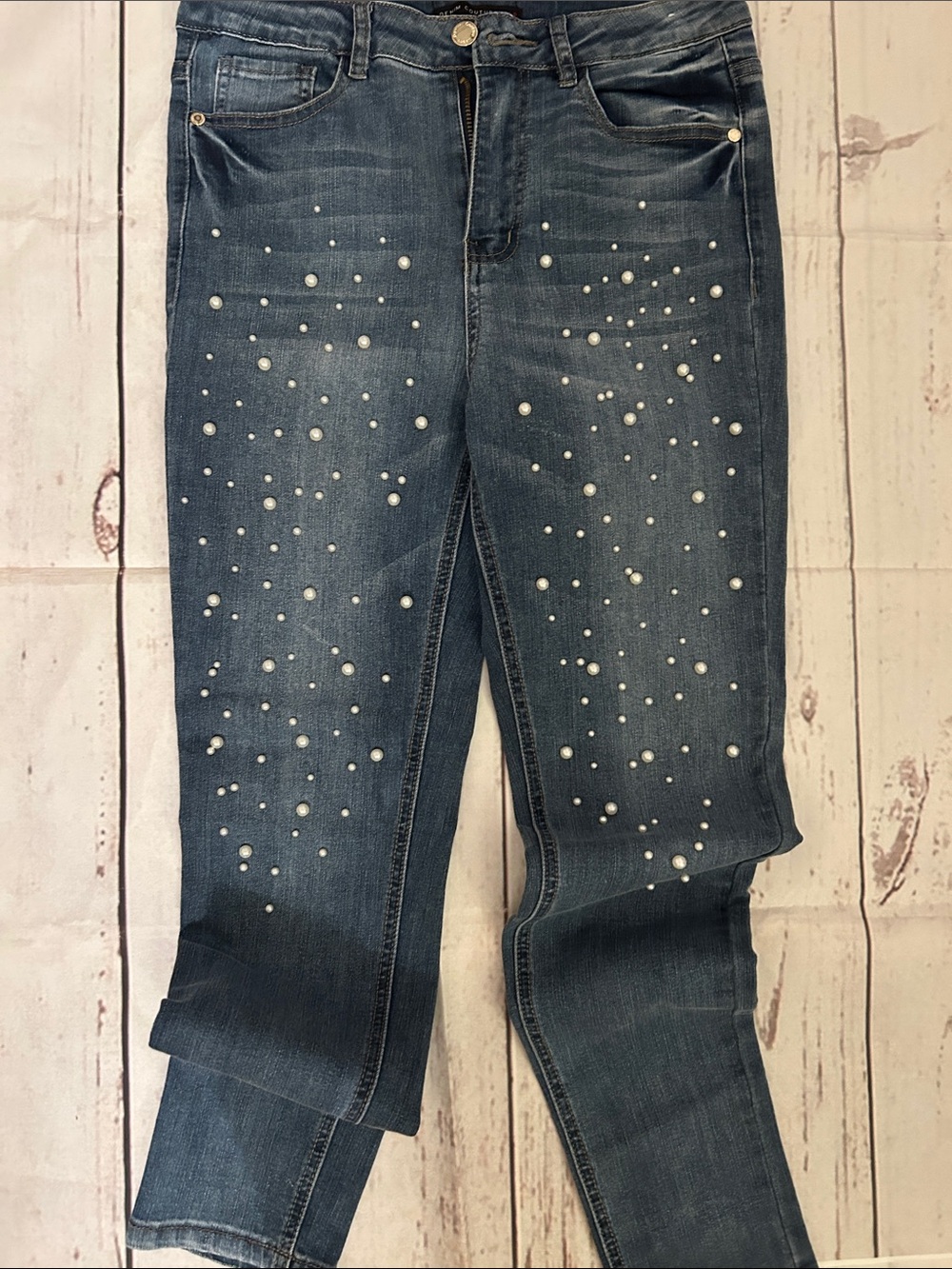 Women’s Dark Blue Pearl-Embellished Jeans